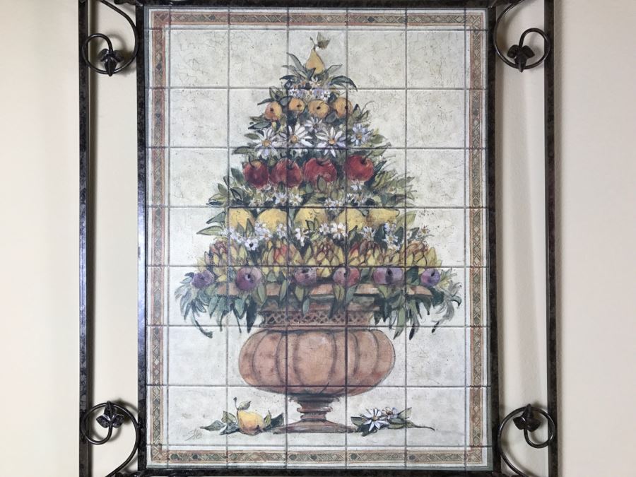 Pair Of Decorative Faux Tile Wall Hangings With Metal Vine Motif Frames [Photo 7]