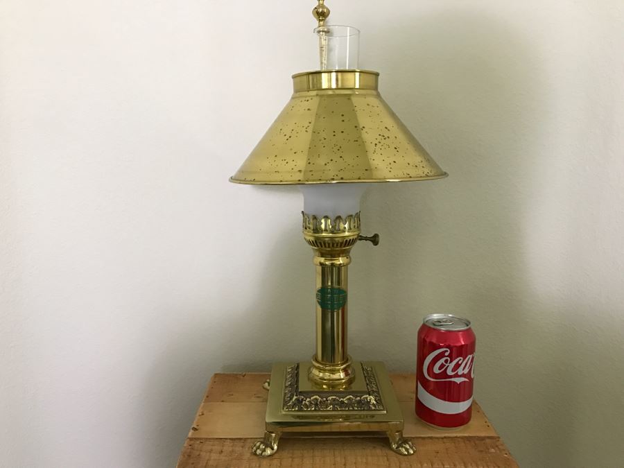 Orient Express Footed Brass Lamp With Hurricane Glass Shade