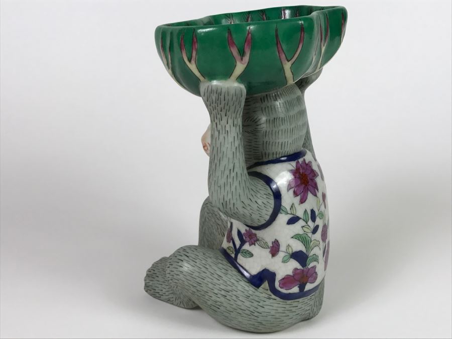 Vintage Chinese Hand Painted Porcelain Monkey With Dish [Photo 8]