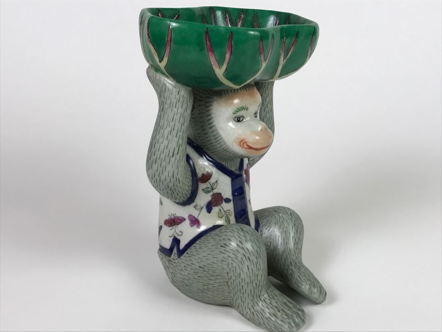 Vintage Chinese Hand Painted Porcelain Monkey With Dish [Photo 6]