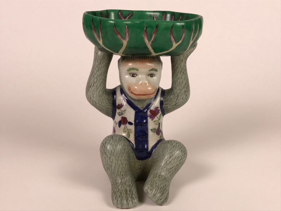 Vintage Chinese Hand Painted Porcelain Monkey With Dish [Photo 5]