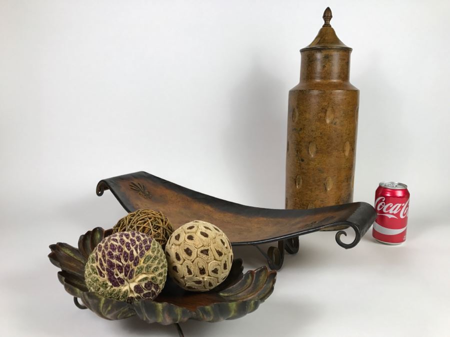 Home Decor Lot With Metal Bowls, Metal Canister And Decorative Balls [Photo 1]