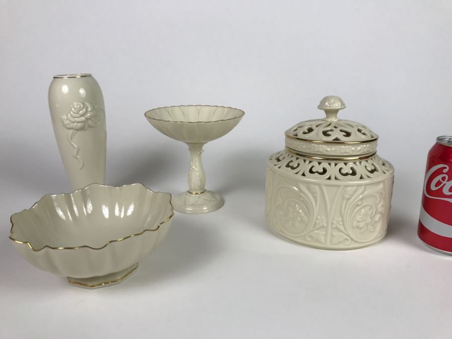 White LENOX Bowls, Vase And Candlebox