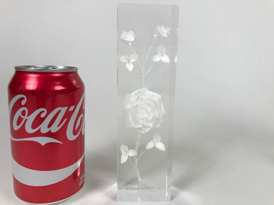 Vintage Lucite Reverse Carved Sculpture With Roses Signed M. Cox
