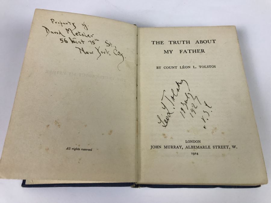First Edition 1924 Signed Copy Of 'The Truth About My Father' By Count Leon L. Tolstoi