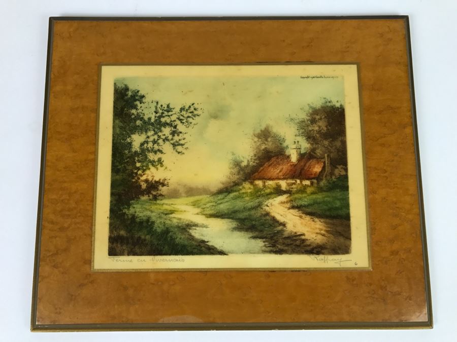 Original 1936 French Farmhouse Etching By Andre Raffray Laminated On Board