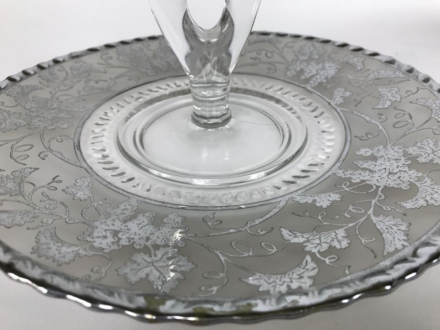 Vintage Frosted Footed Bowl And Plate With Center Handle With Silver Grape Patterns [Photo 6]