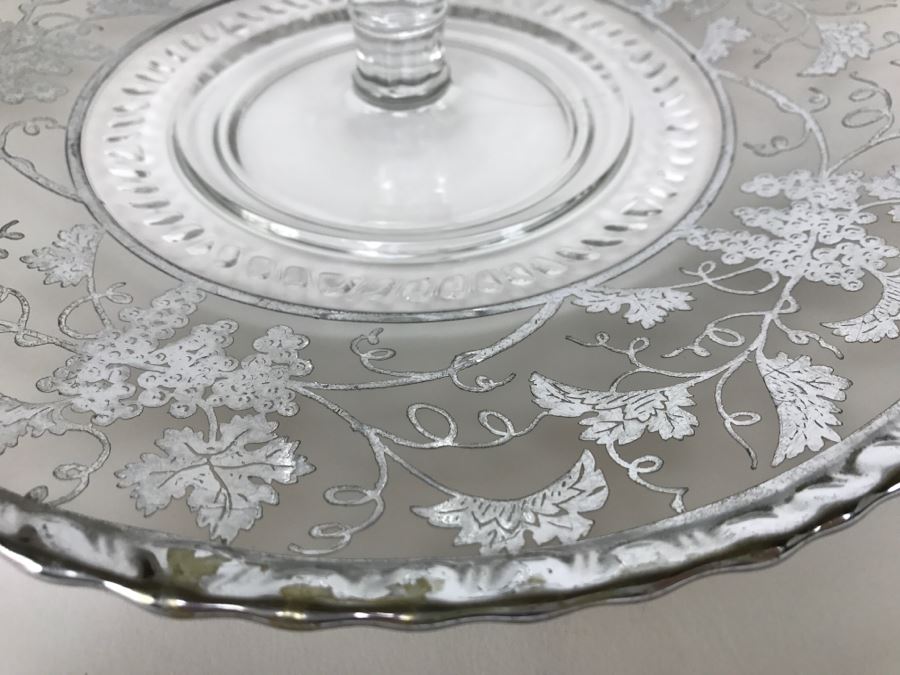 Vintage Frosted Footed Bowl And Plate With Center Handle With Silver Grape Patterns [Photo 8]