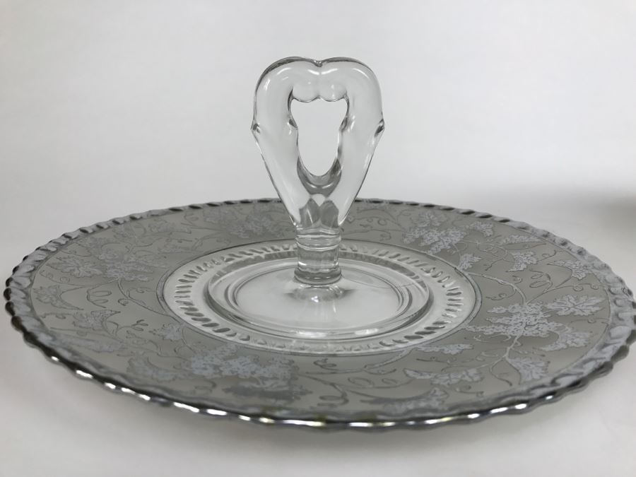 Vintage Frosted Footed Bowl And Plate With Center Handle With Silver Grape Patterns [Photo 5]