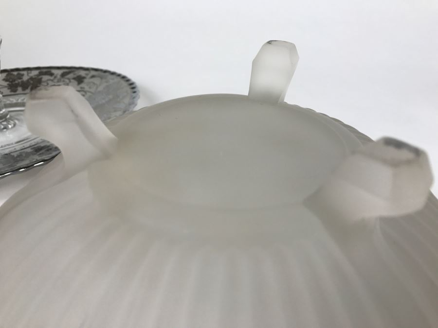 Vintage Frosted Footed Bowl And Plate With Center Handle With Silver Grape Patterns [Photo 10]