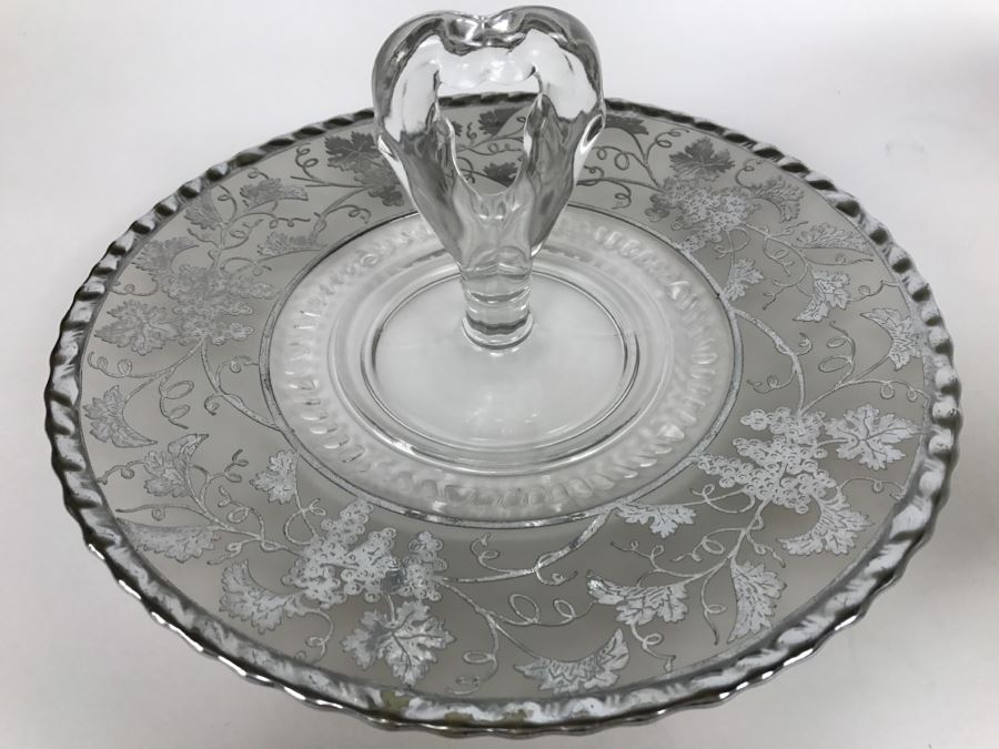 Vintage Frosted Footed Bowl And Plate With Center Handle With Silver Grape Patterns [Photo 7]