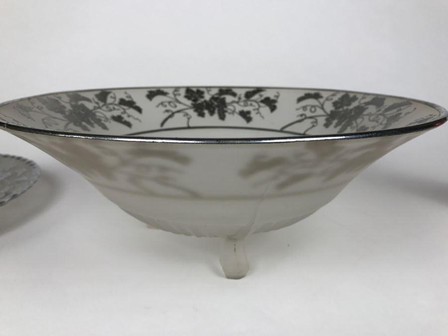 Vintage Frosted Footed Bowl And Plate With Center Handle With Silver Grape Patterns [Photo 4]