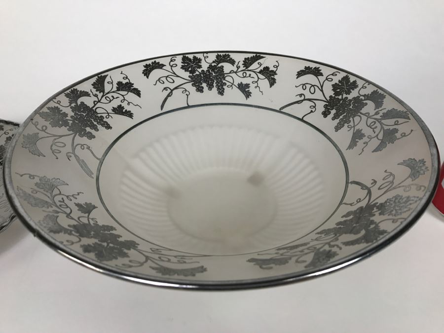 Vintage Frosted Footed Bowl And Plate With Center Handle With Silver Grape Patterns [Photo 2]