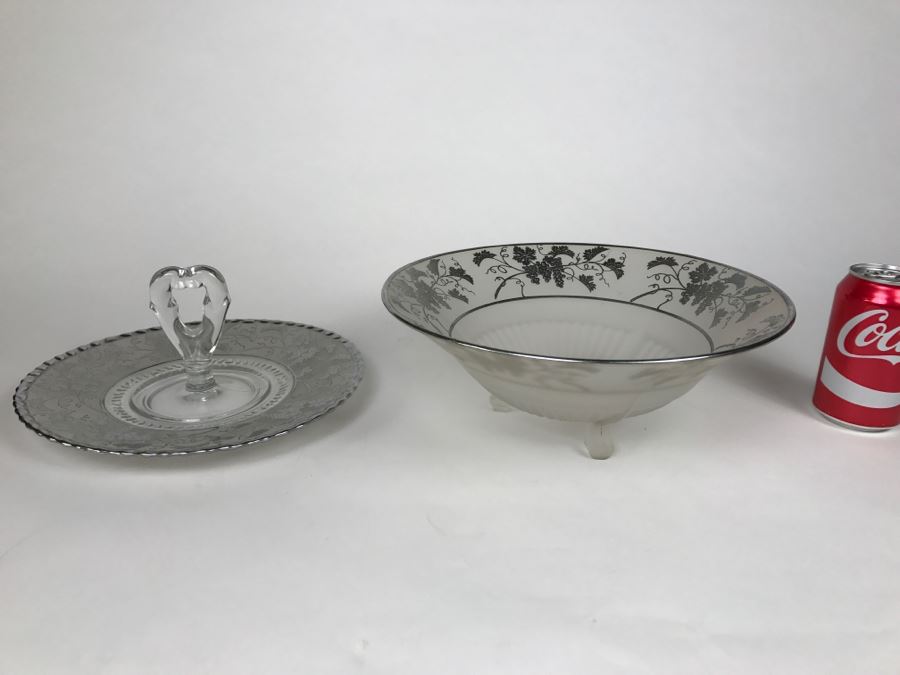 Vintage Frosted Footed Bowl And Plate With Center Handle With Silver Grape Patterns