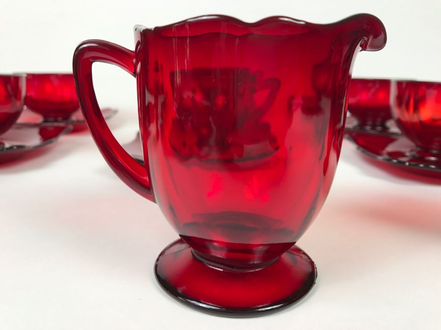 Large Collection Of Ruby Red Cups And Saucers, Serving Trays, Creamer And Sugar Sets And Plates [Photo 7]