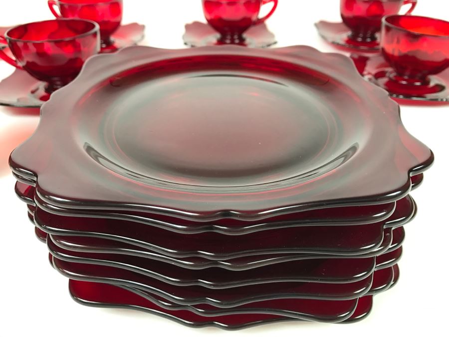 Large Collection Of Ruby Red Cups And Saucers, Serving Trays, Creamer