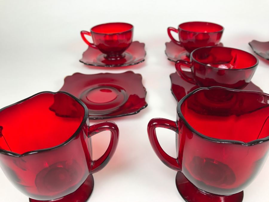 Large Collection Of Ruby Red Cups And Saucers, Serving Trays, Creamer And Sugar Sets And Plates [Photo 18]