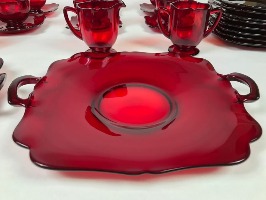 Large Collection Of Ruby Red Cups And Saucers, Serving Trays, Creamer And Sugar Sets And Plates [Photo 2]