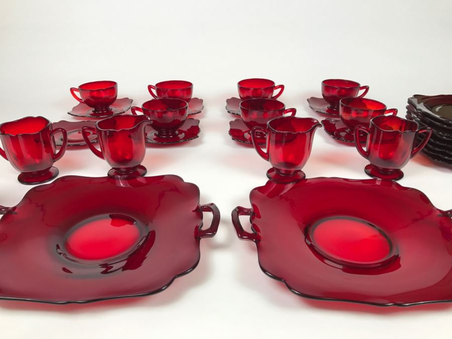 Large Collection Of Ruby Red Cups And Saucers, Serving Trays, Creamer And Sugar Sets And Plates