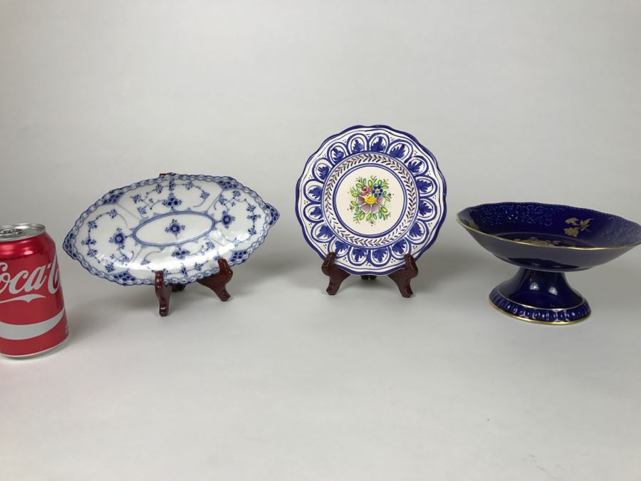 Bareuther Waldsassen German Footed Bowl, Royal Copenhagen Oval Bowl And Sevilla Fluted Hand Painted Plate