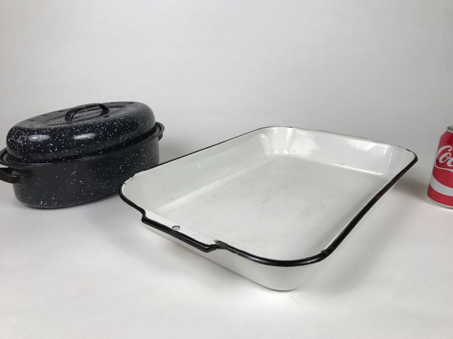 Enamel Dish And Black Speckled Baking Dish With Lid