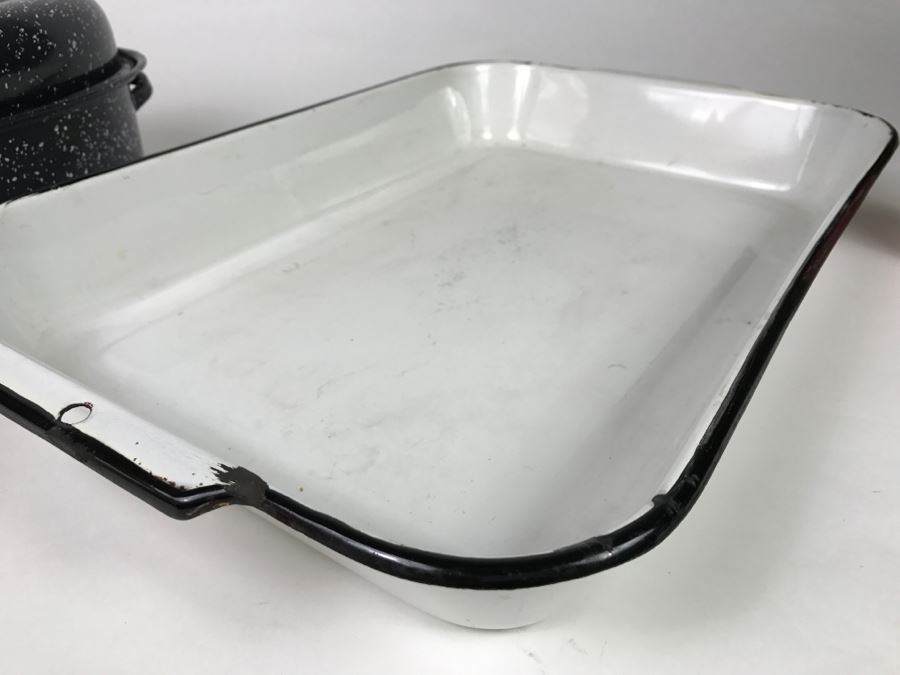 Enamel Dish And Black Speckled Baking Dish With Lid