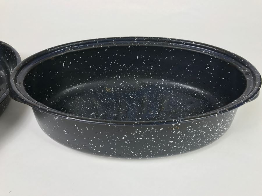 Enamel Dish And Black Speckled Baking Dish With Lid