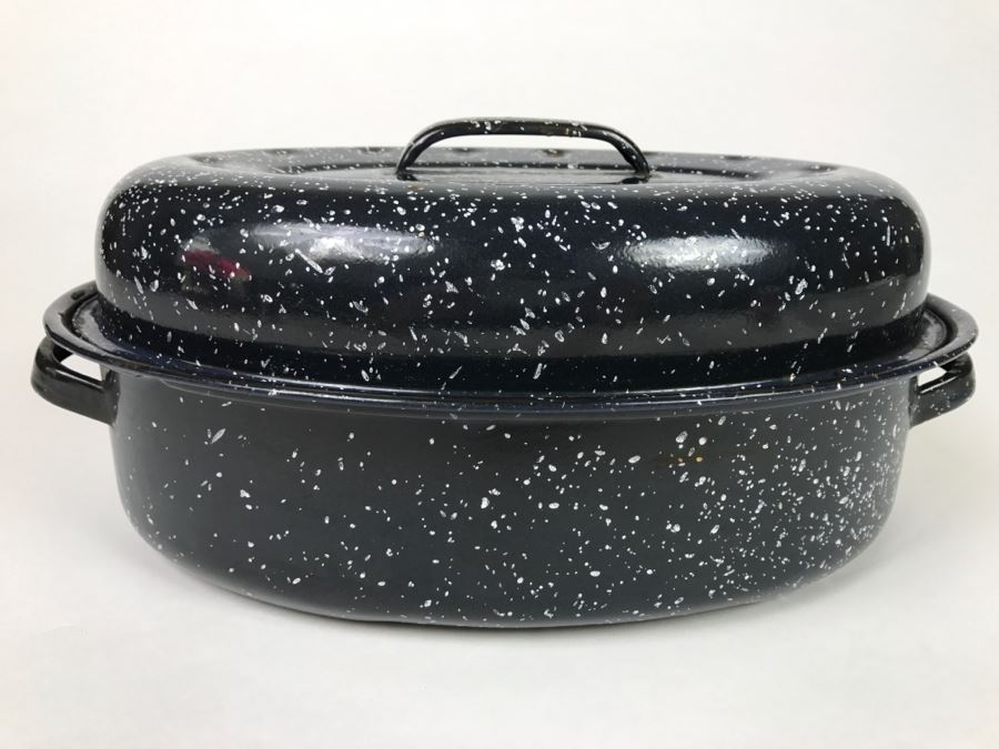Enamel Dish And Black Speckled Baking Dish With Lid