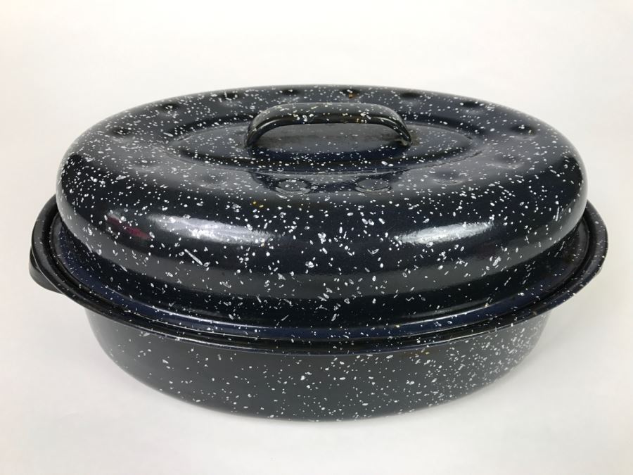 Enamel Dish And Black Speckled Baking Dish With Lid