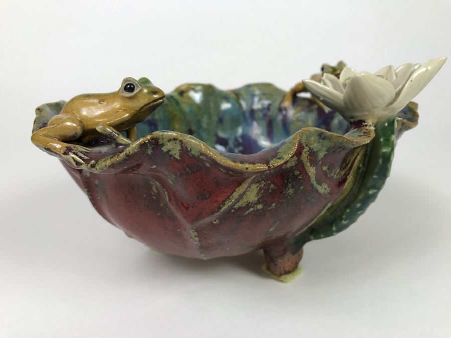 Signed Asian Art Pottery Footed Bowl With Frogs On Rim Of Bowl [Photo 8]