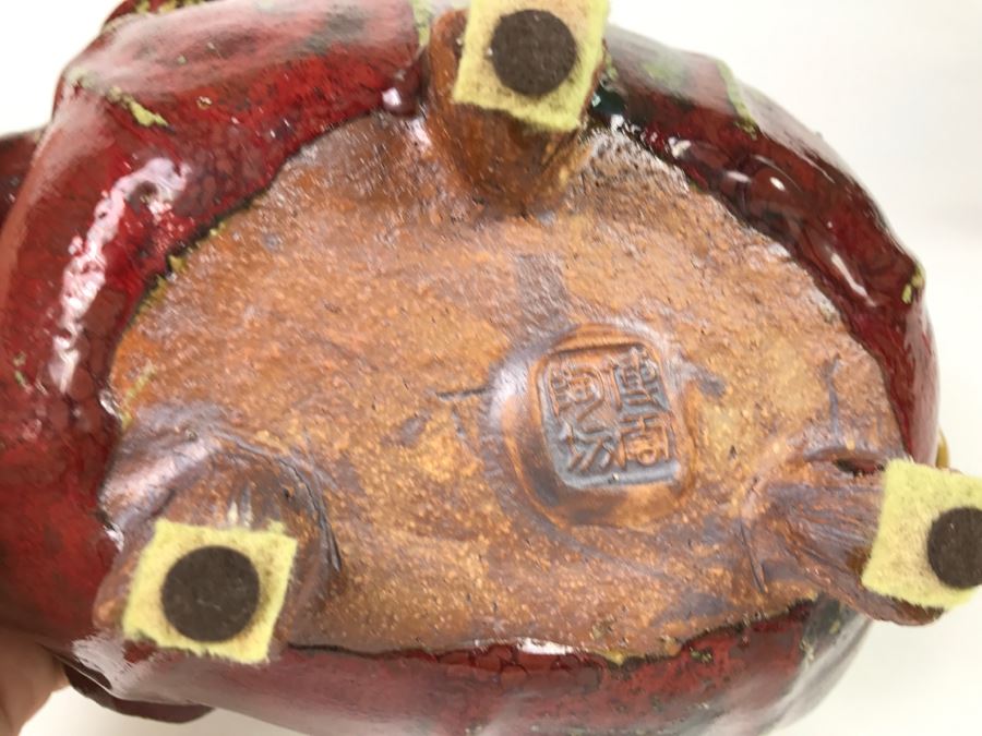 Signed Asian Art Pottery Footed Bowl With Frogs On Rim Of Bowl [Photo 14]