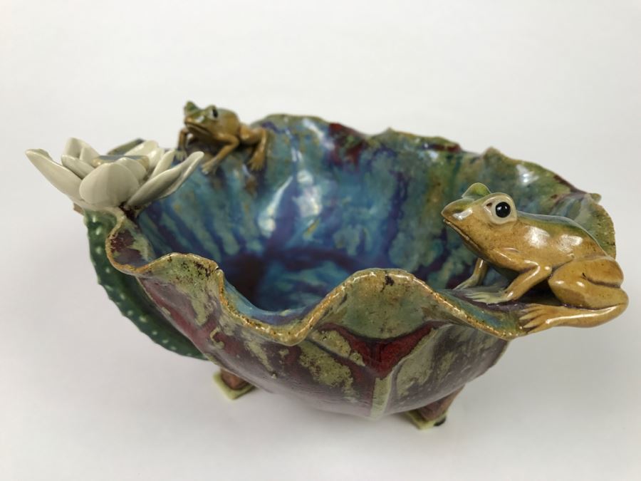 Signed Asian Art Pottery Footed Bowl With Frogs On Rim Of Bowl [Photo 2]