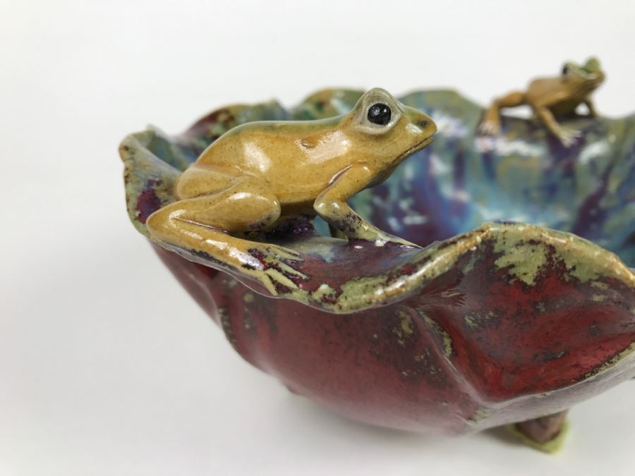 Signed Asian Art Pottery Footed Bowl With Frogs On Rim Of Bowl [Photo 9]