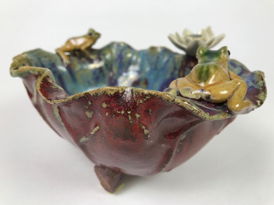 Signed Asian Art Pottery Footed Bowl With Frogs On Rim Of Bowl [Photo 7]