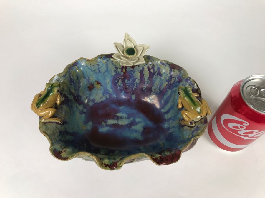 Signed Asian Art Pottery Footed Bowl With Frogs On Rim Of Bowl [Photo 4]