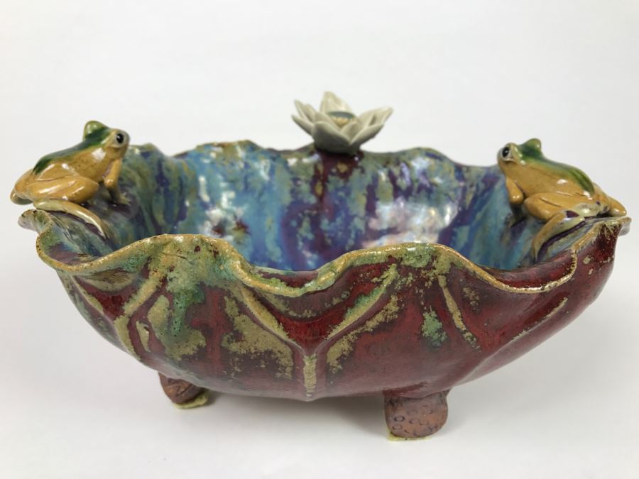 Signed Asian Art Pottery Footed Bowl With Frogs On Rim Of Bowl [Photo 5]