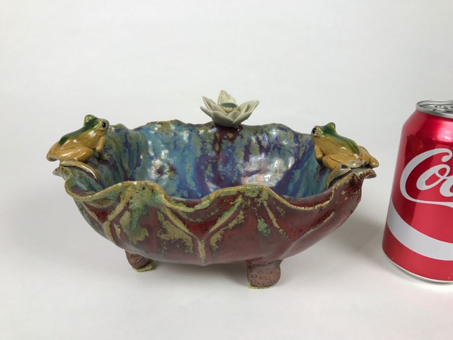 Signed Asian Art Pottery Footed Bowl With Frogs On Rim Of Bowl