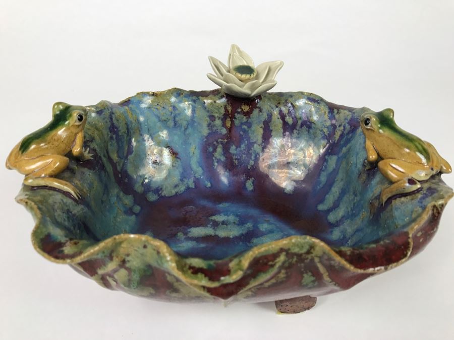 Signed Asian Art Pottery Footed Bowl With Frogs On Rim Of Bowl [Photo 6]