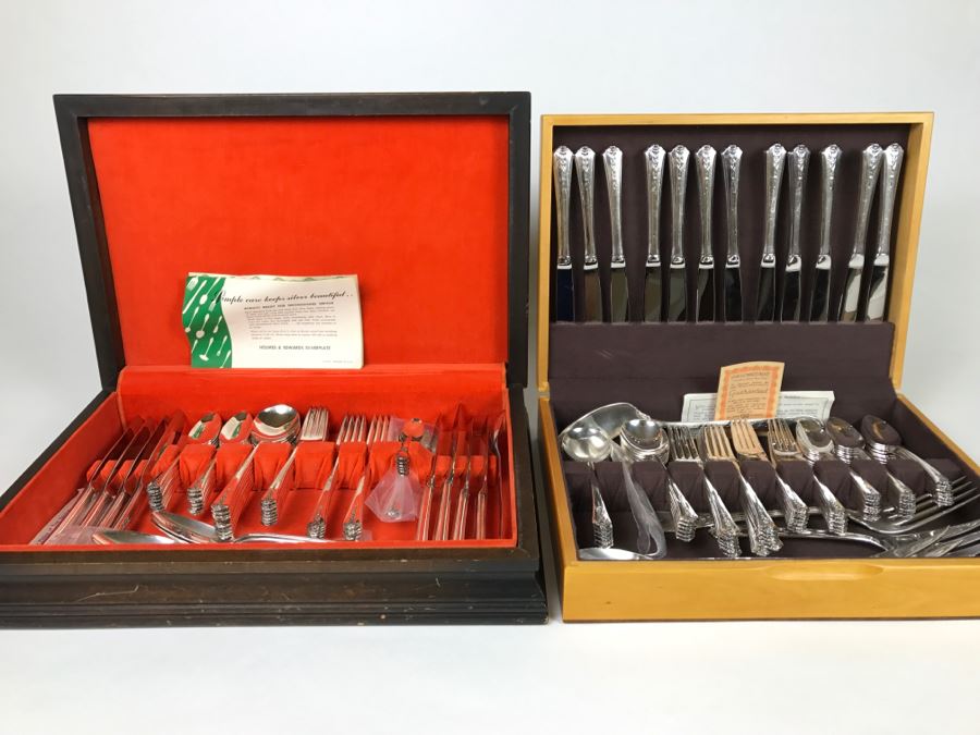 Large Set Of Holmes & Edwards Silverplate Flatware Sets In Wooden Silverware Storage Boxes