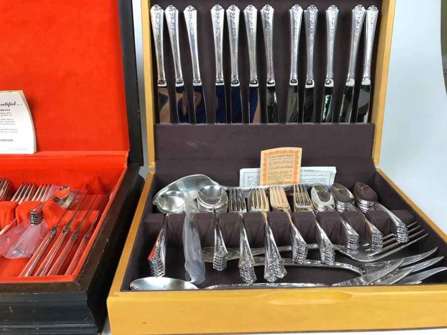 Large Set Of Holmes & Edwards Silverplate Flatware Sets In Wooden