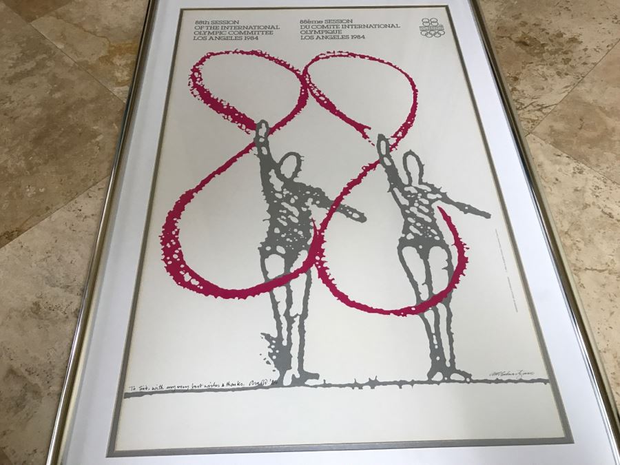 Hand Signed Arnold Schwartzman Poster From 1984 Olympics Personalized To Client In Frame