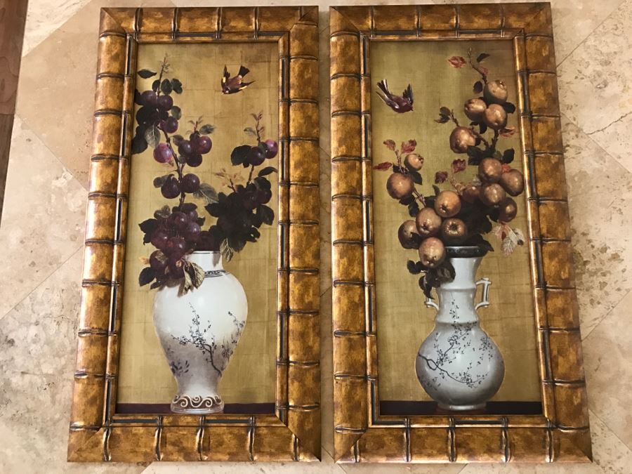 Pair Of Decorative Hollywood Regency Style Prints In Gilt Frames