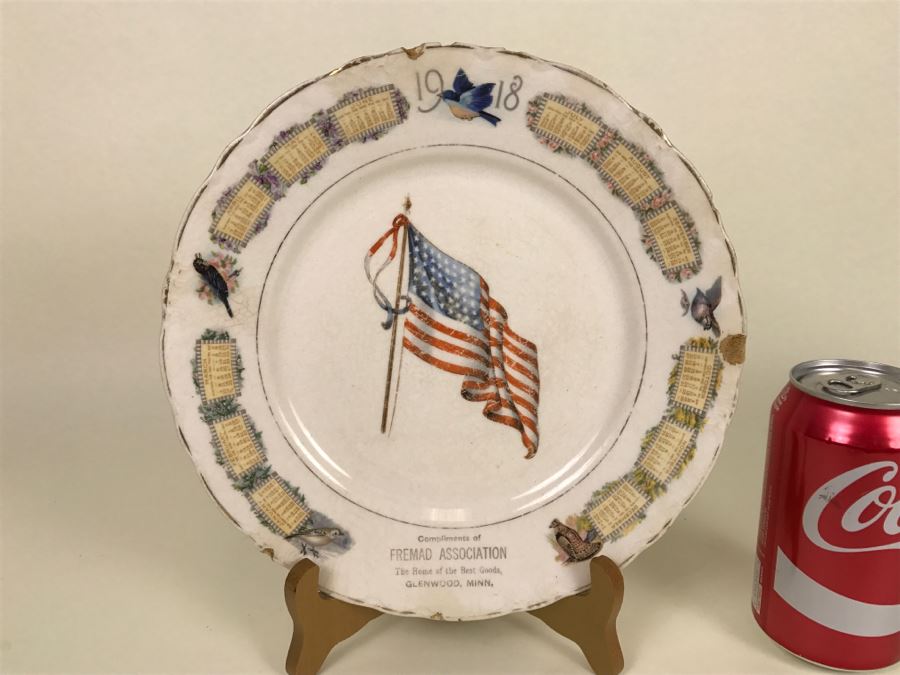 Vintage 1918 Advertising Calendar Plate With U.S. Flag And Birds D.E. McNicol [Photo 1]