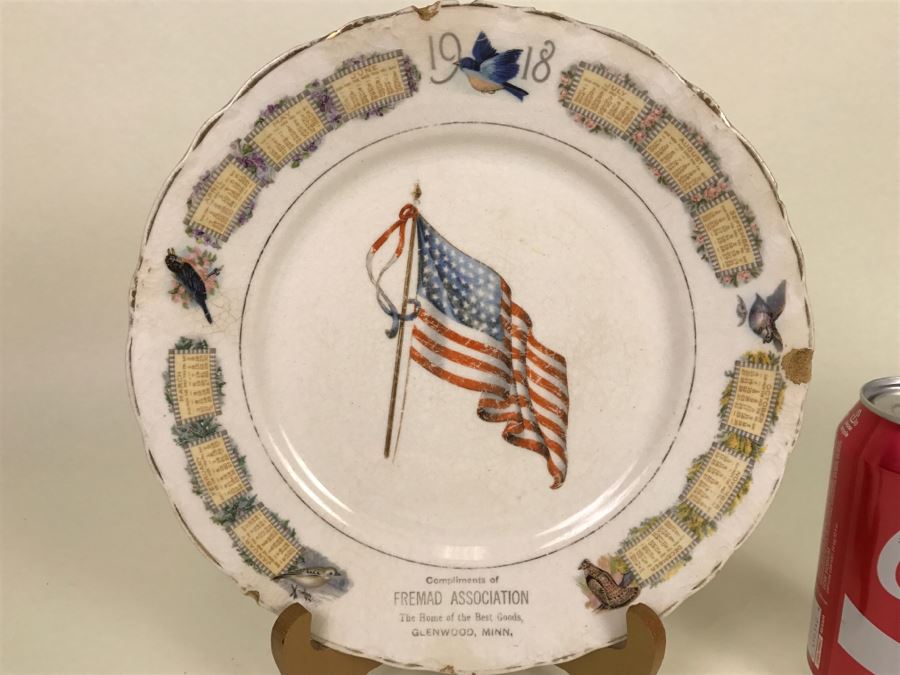 Vintage 1918 Advertising Calendar Plate With U.S. Flag And Birds D.E. McNicol [Photo 4]