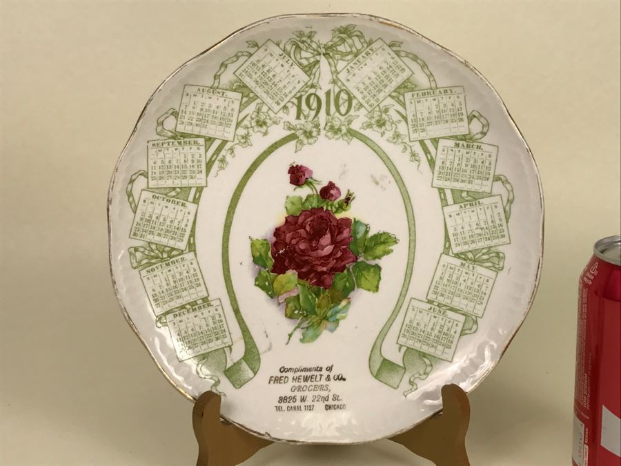 Vintage 1910 Advertising Calendar Plate With Rose Fred Hewelt & Co Grocers Chicago, Ill [Photo 1]