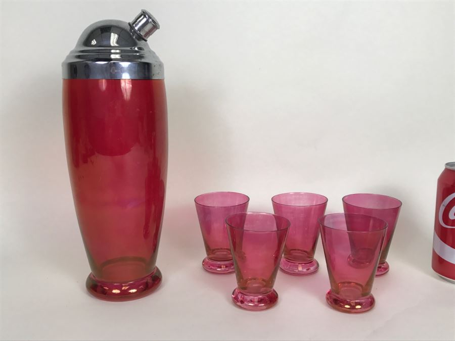 Vintage Ruby Red Cocktail Shaker And Glasses