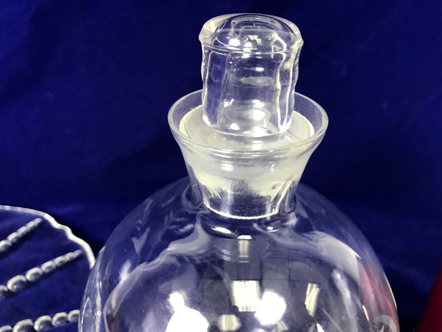Hand Blown Etched Glass Bottle With Stopper And Glass Plate Platter [Photo 6]