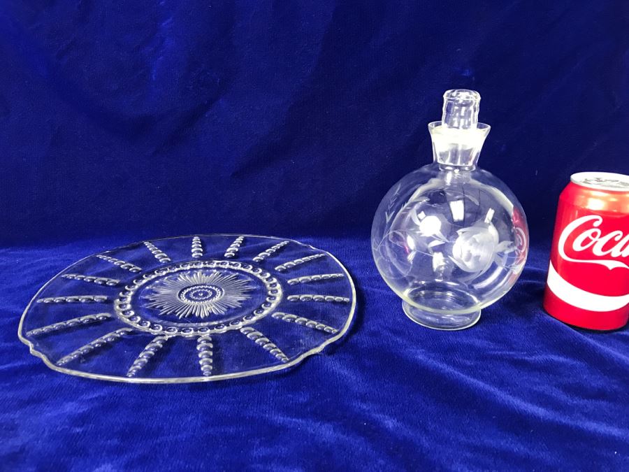 Hand Blown Etched Glass Bottle With Stopper And Glass Plate Platter [Photo 1]