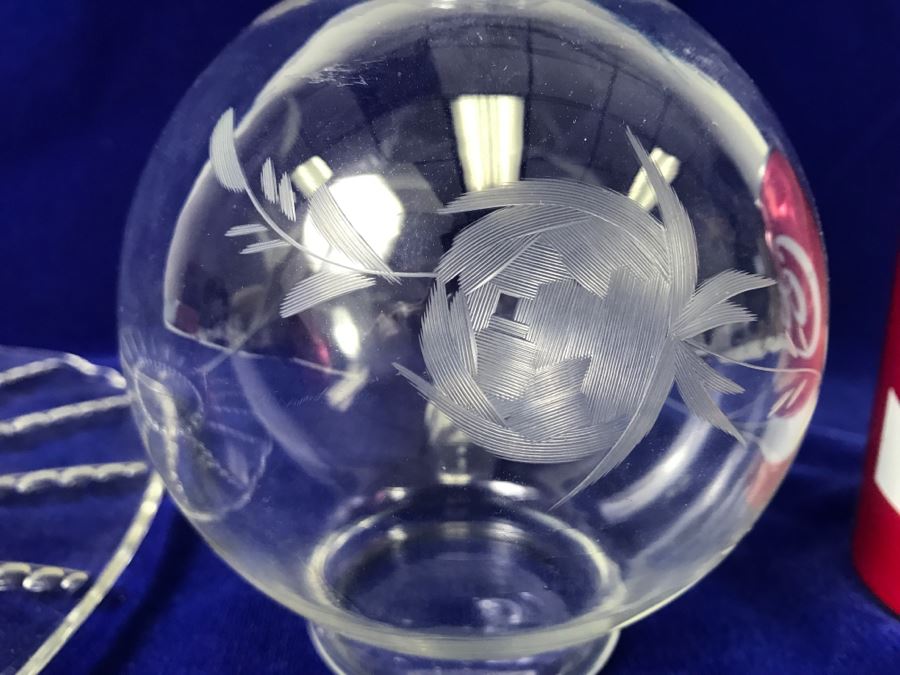 Hand Blown Etched Glass Bottle With Stopper And Glass Plate Platter [Photo 5]