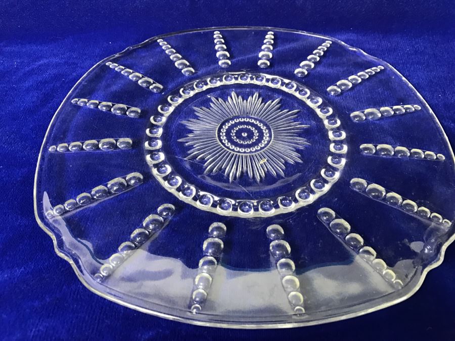 Hand Blown Etched Glass Bottle With Stopper And Glass Plate Platter [Photo 2]